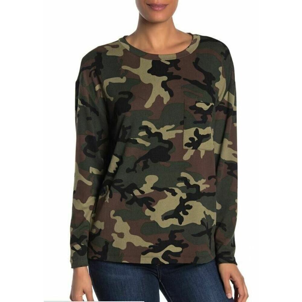 Sanctuary Camo Crew Neck Lightweight Pocket Pullover‎ Sweatshirt Petite Small